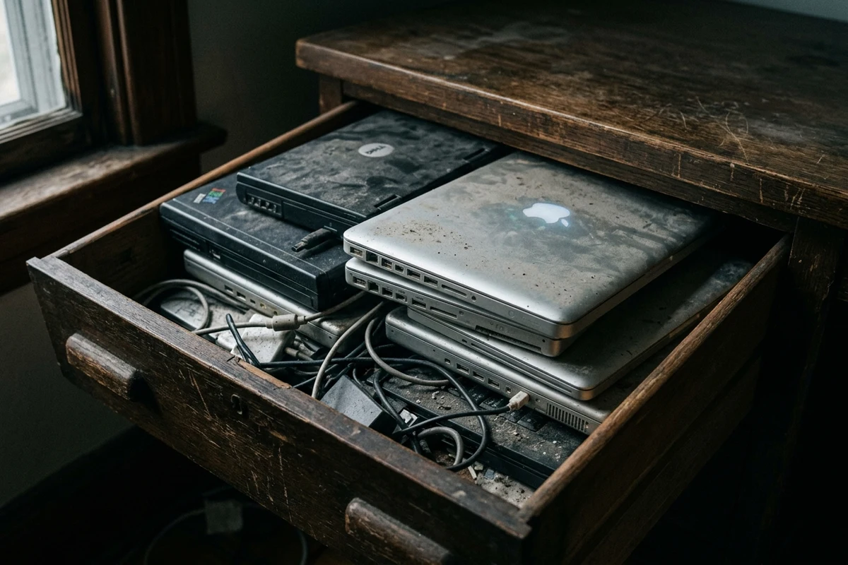 Laptops stacked in drawer collecting dust